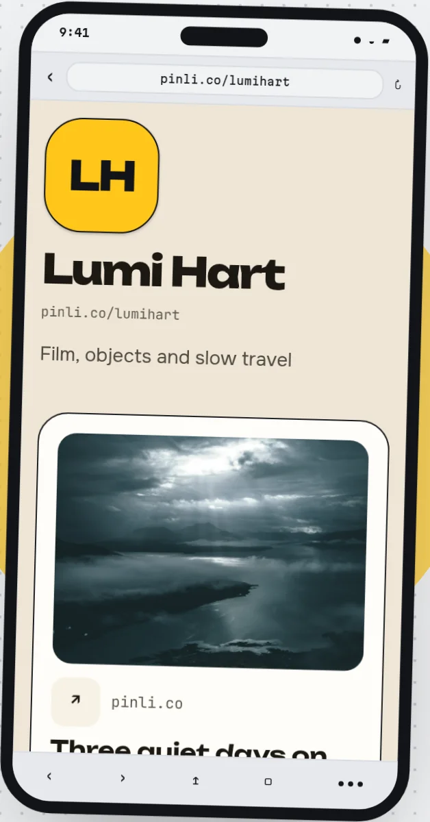 Phone screenshot of Pinli's illustrative Lumi Hart creator page, with the creator name and featured film visible above other content.